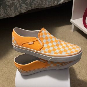 Vans Women's Orange and White Checkered Slip-On Sneakers